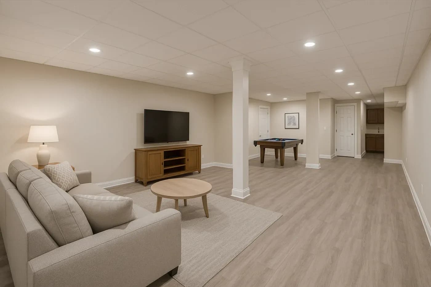 A spacious, modern basement with beige walls and wood flooring. Features a cozy sofa, TV on a stand, round coffee table, and a pool table, creating a relaxed atmosphere.