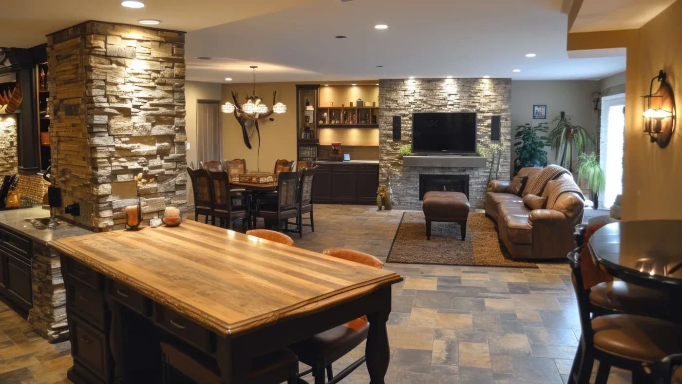Stylish open-concept living room with stone accents, cozy leather sofas, a wooden dining table, modern kitchen, and ambient warm lighting.