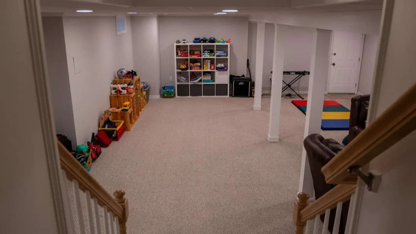 A spacious basement playroom with beige carpet, white walls, and ceiling lights. Shelves with toys line the left wall; a colorful mat and keyboard are on the right, creating a tidy, inviting atmosphere.