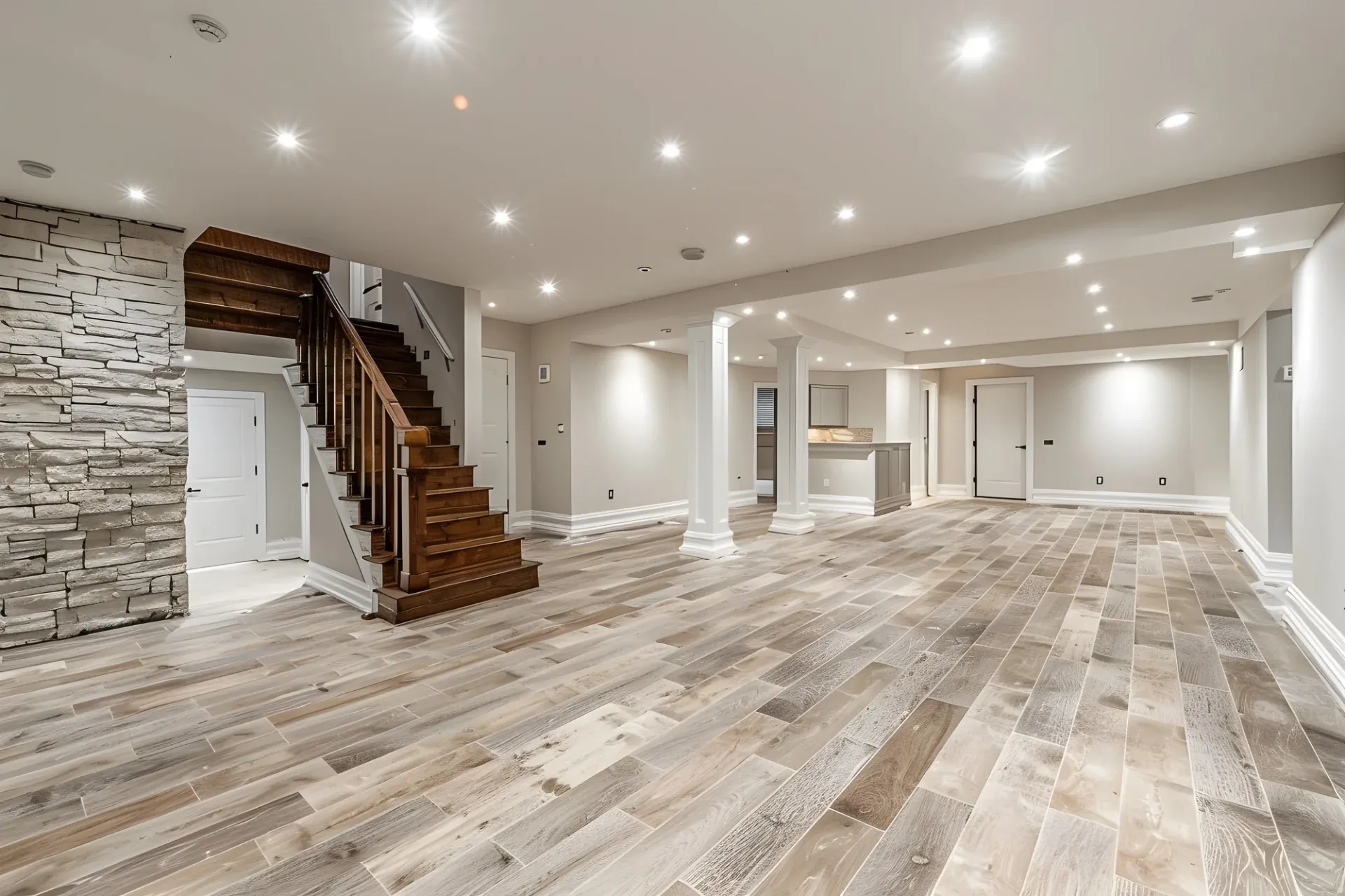 Spacious basement with light wood flooring, gray stone accent wall, and wooden stairs. Bright recessed lighting creates a modern, welcoming atmosphere.