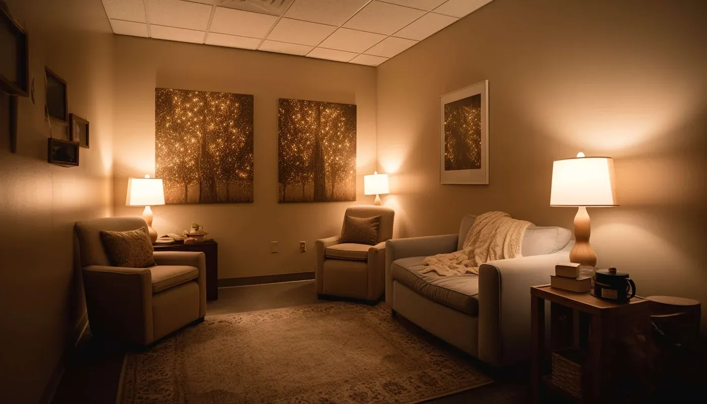 A cozy therapy room with soft lighting includes two armchairs and a loveseat with a throw blanket. Warm lamps illuminate tree artwork on the walls.