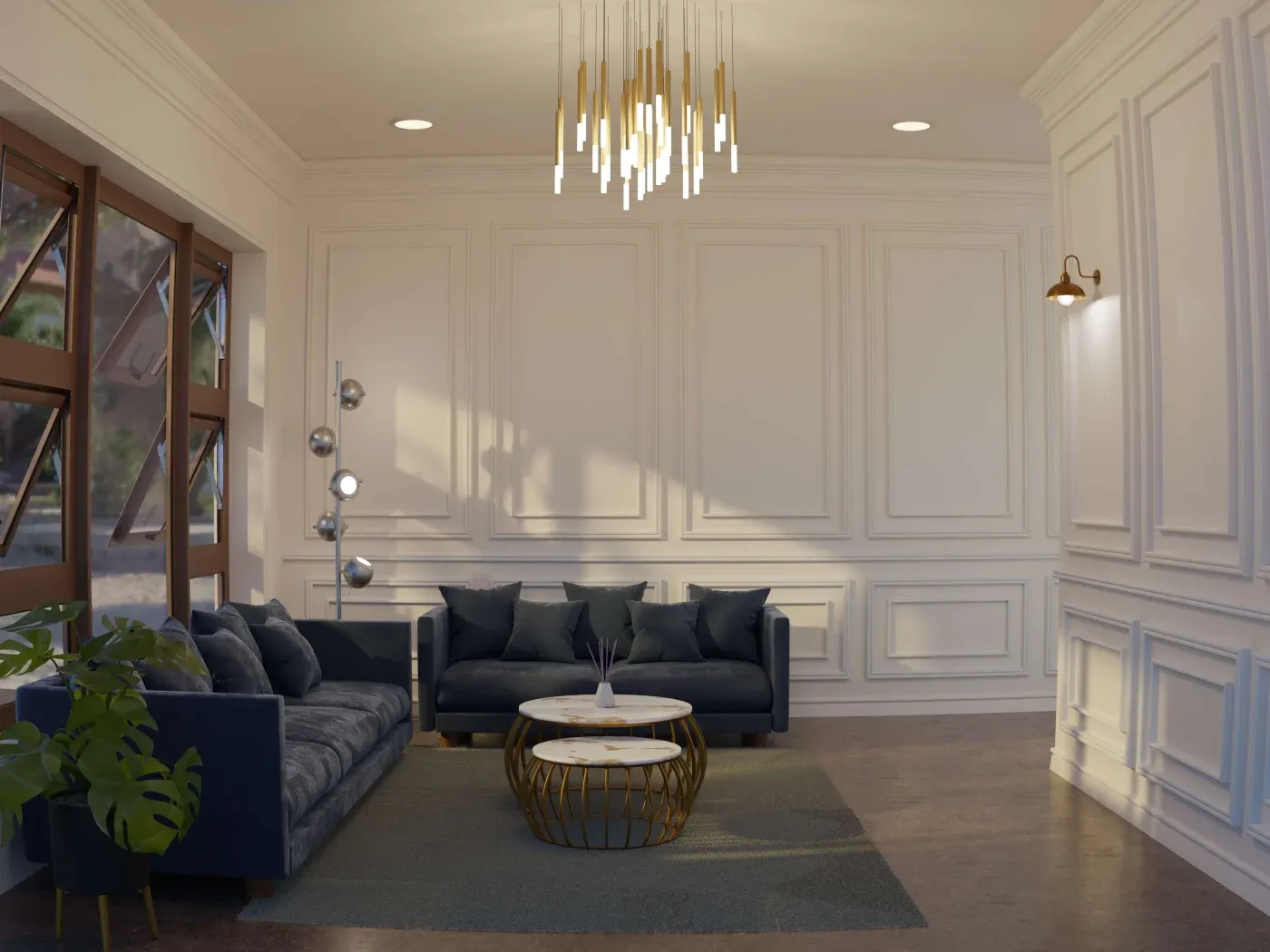 A modern living room with two navy sofas, a round coffee table, and a geometric gold chandelier. Sunlight streams in through large windows, highlighting white paneled walls.