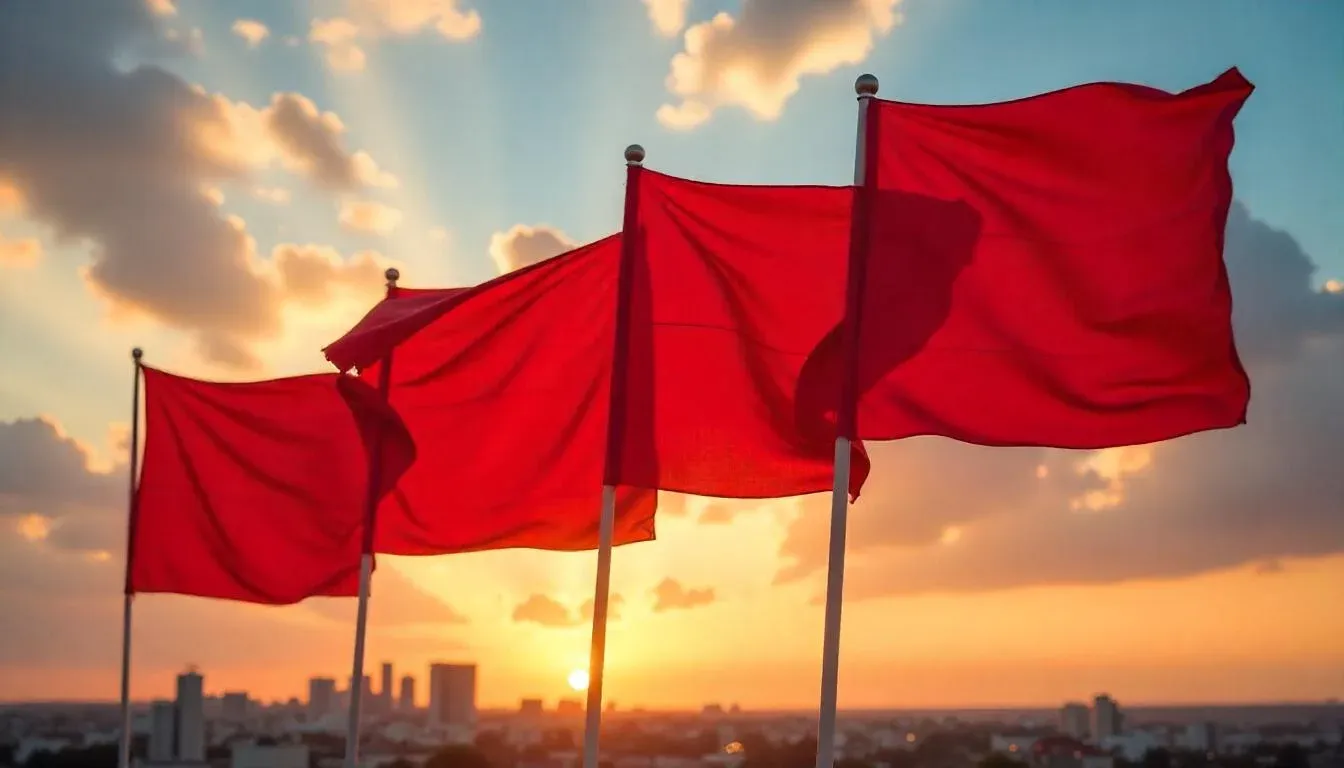 Three red flags wave against a vibrant sunset sky, the cityscape shadowed below. Sun rays peek through clouds, creating a dramatic, contemplative scene.