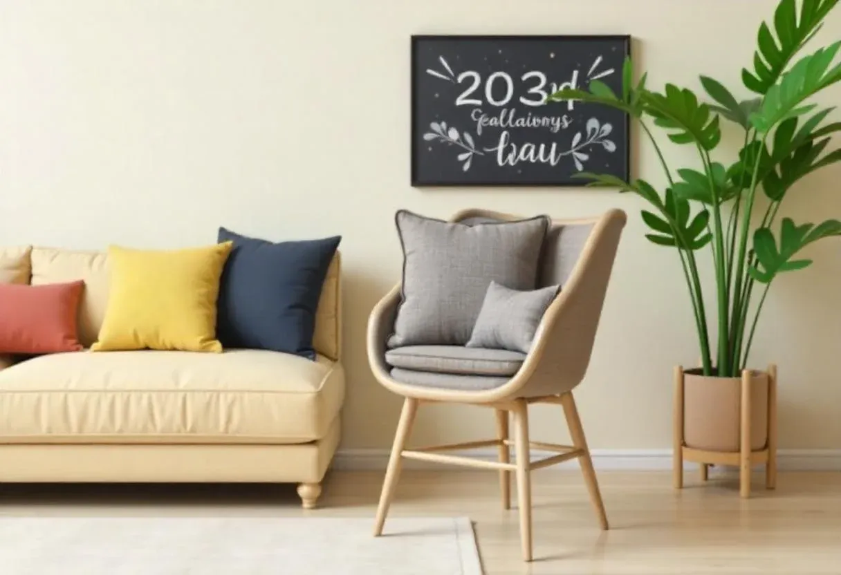 Cozy living room with a beige sofa adorned with red, yellow, and blue pillows, a gray cushioned chair, potted plant, and framed art on light wall.