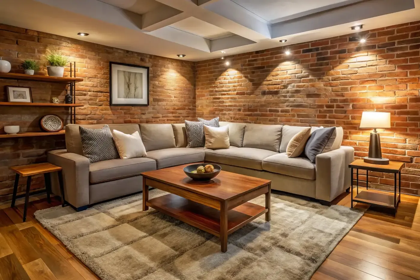 Cozy living room with a beige sectional sofa against exposed brick walls. Warm lighting, wooden coffee table, shelves with decor, and soft rug complete the scene.