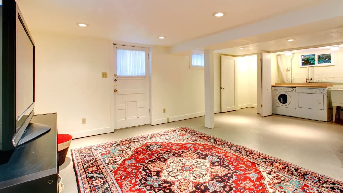 Cozy basement room with white walls, red patterned rug, and recessed lighting. A washing machine, dryer, and utility sink are in the background.