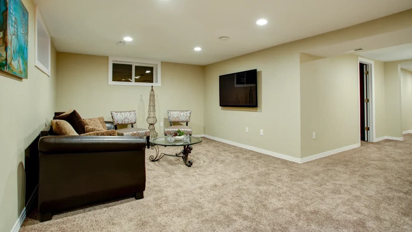 A cozy basement living area with beige walls and carpet. Features a dark leather couch, glass coffee table, wall-mounted TV, and soft lighting.