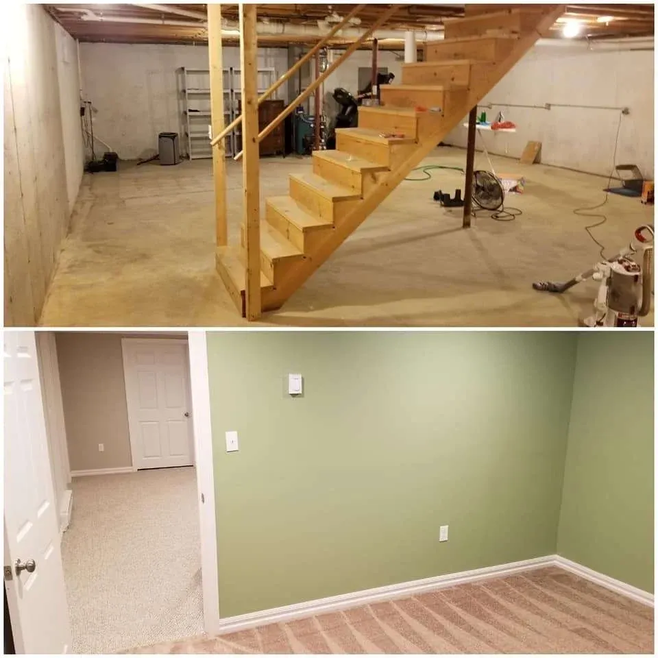 Before and after of a basement renovation. Top: unfinished with concrete floors and wooden stairs. Bottom: finished with carpeted floor and green walls.