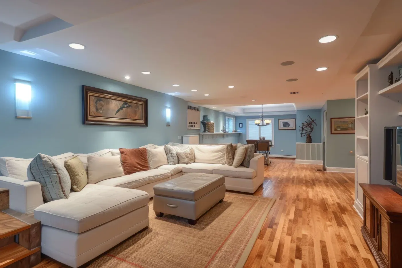 Stylish basement with soft lighting, featuring a large L-shaped white sofa with cushions, wooden floors, blue walls, and modern decor elements.