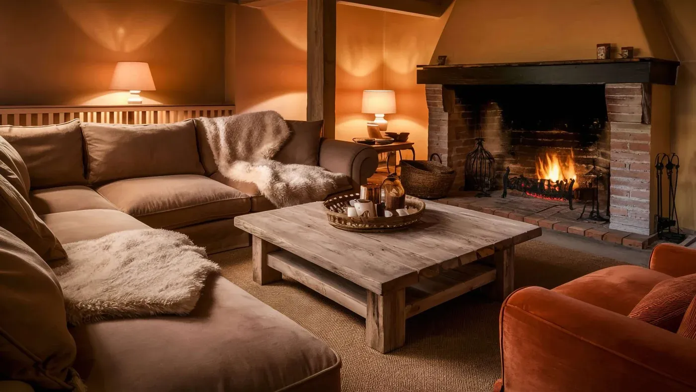 Cozy living room with a lit fireplace, a plush sectional sofa draped with a fuzzy blanket, a wooden coffee table, and warm lighting from table lamps.