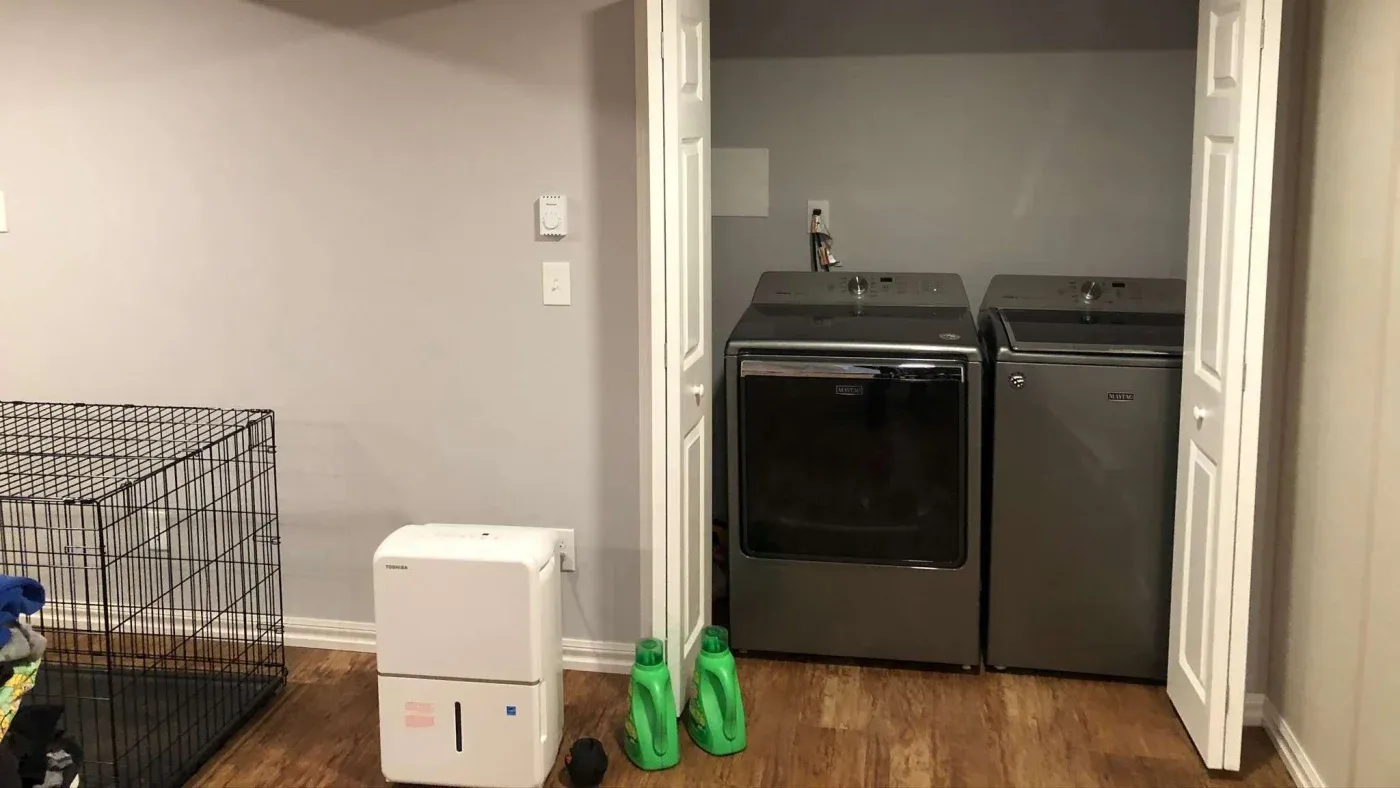 Laundry room with open doors, revealing a gray washer and dryer. A black dog crate and white dehumidifier are on the left. Two green detergent bottles sit on the floor, creating a functional, organized atmosphere.
