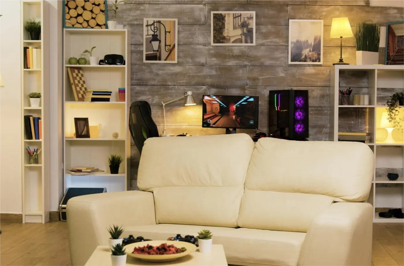 A cozy living room with a cream sofa facing a computer desk, dual monitors displaying a game. Bookshelves, plants, and lit lamps create a warm ambiance.