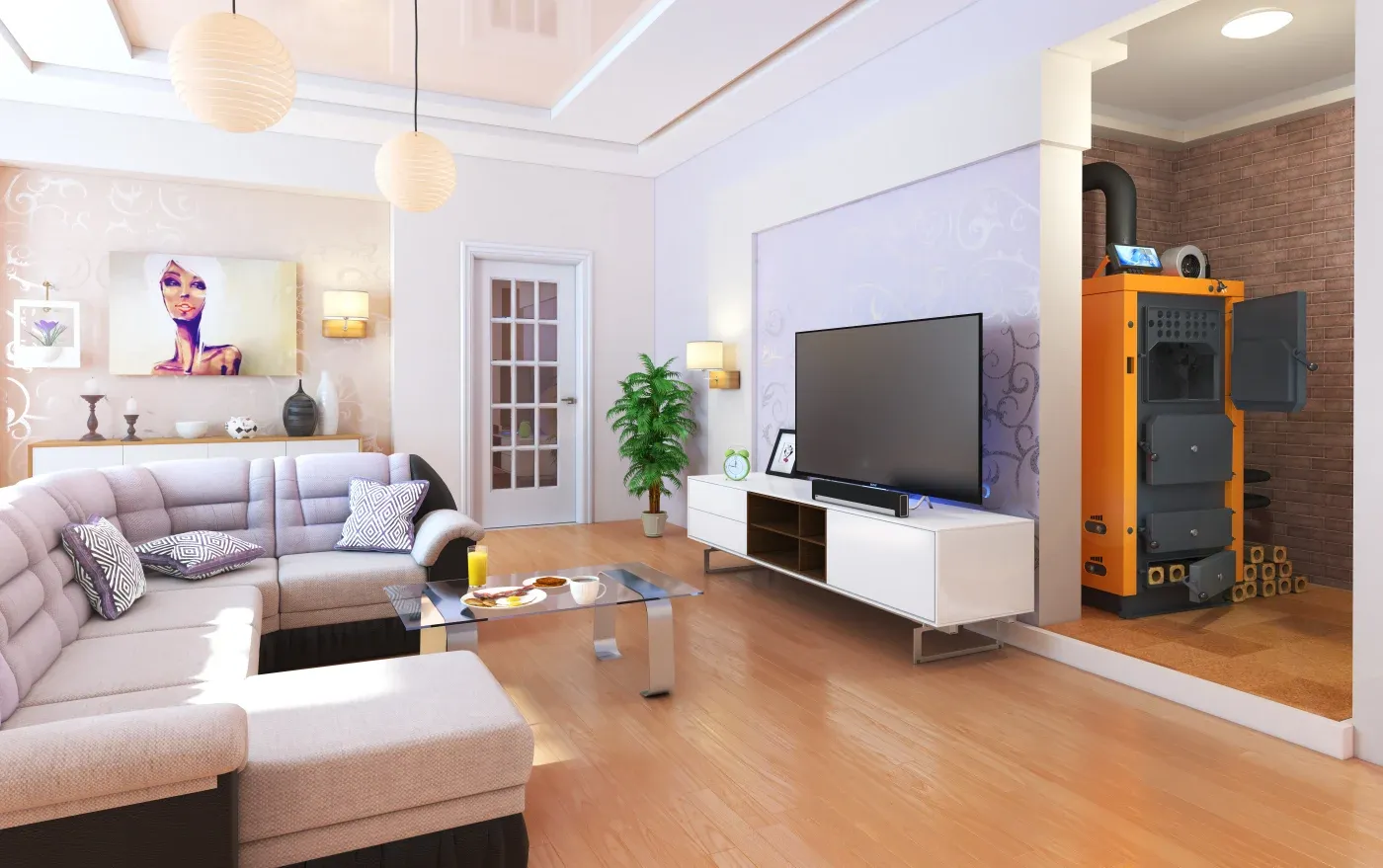 Modern living room with light wood flooring, featuring a large sectional sofa, coffee table with snacks, and a TV. A vibrant portrait adorns the wall, next to a sleek heating unit in a niche.
