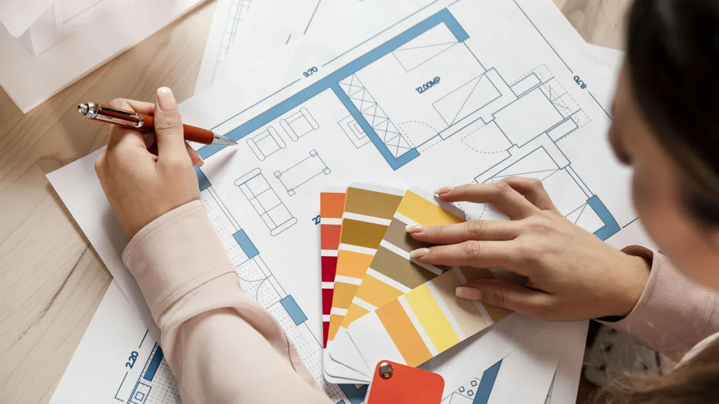 A person holds a pen over architectural blueprints, while selecting from a palette of warm color swatches. The scene conveys creativity and planning.