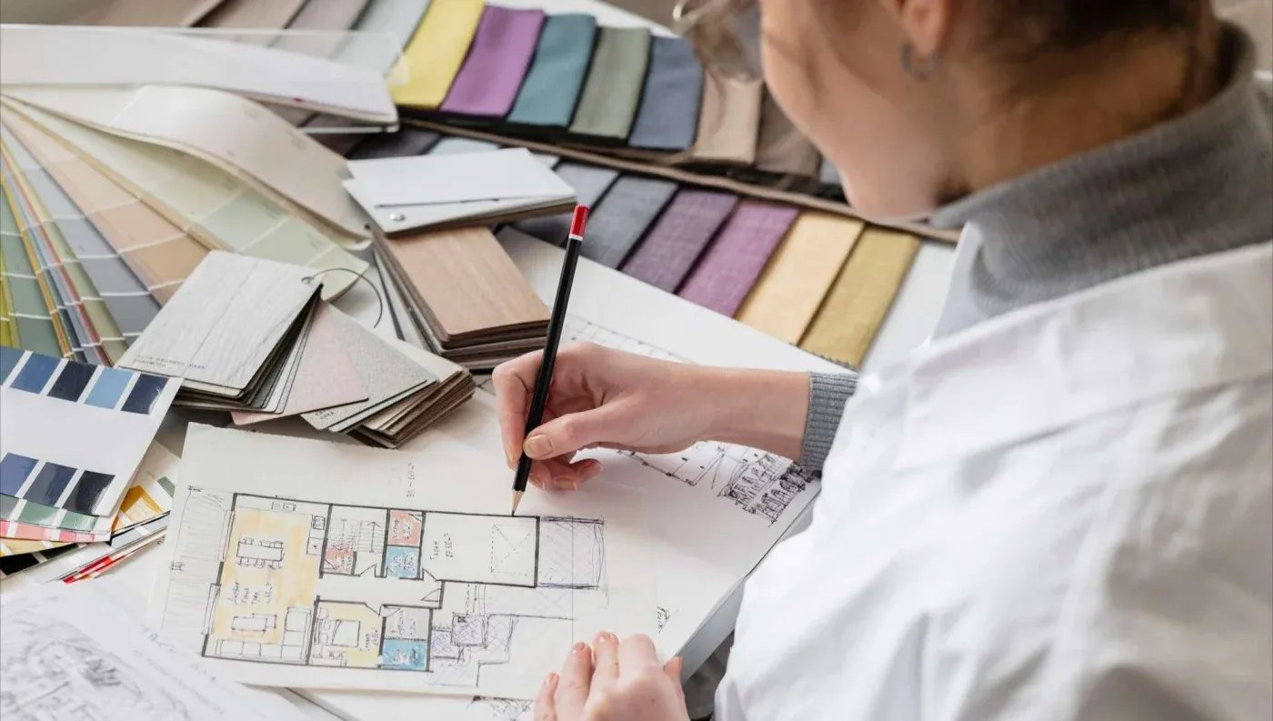 A person in a white shirt sketches a floor plan. Surrounding them are color swatches and fabric samples, evoking creativity and interior design themes.