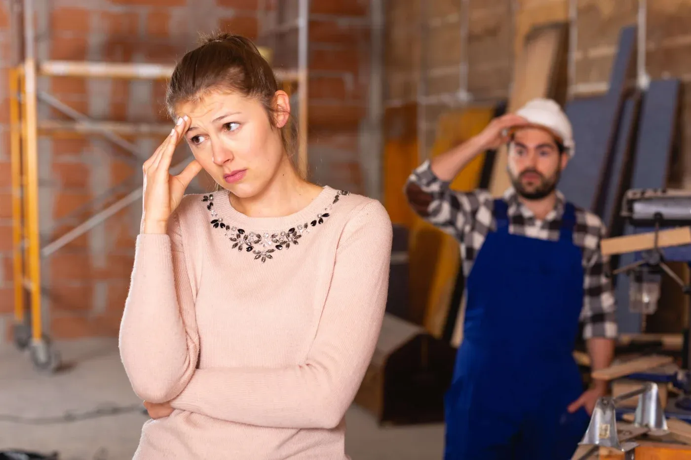 A woman in a pink sweater looks frustrated, touching her forehead in a construction site. A worker in a hard hat in the background appears concerned.