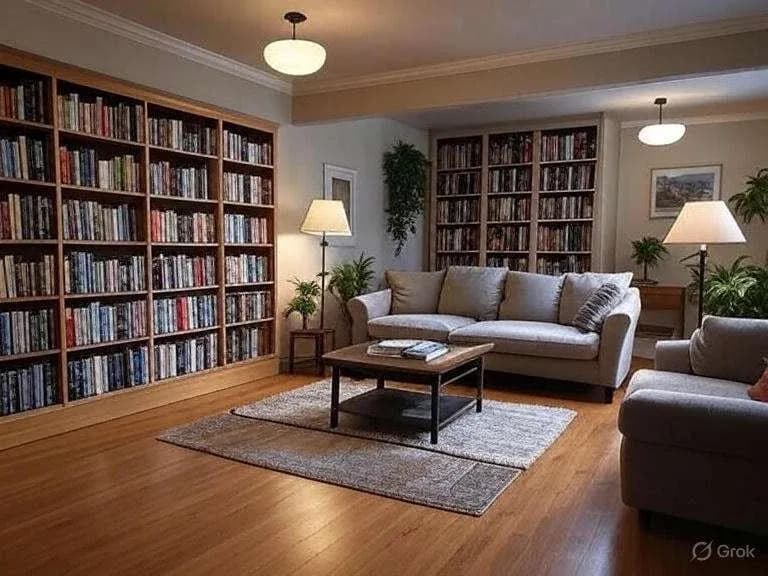 Cozy reading room with wooden bookshelves lining the walls, filled with books. Comfortable sofas and warm lighting create a welcoming, serene atmosphere.