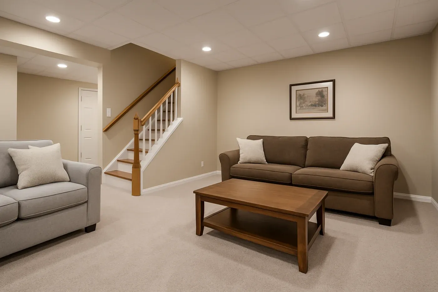 A cozy basement living area with beige walls and carpet, featuring a brown sofa, grey armchair, wooden coffee table, and stairs on the left.
