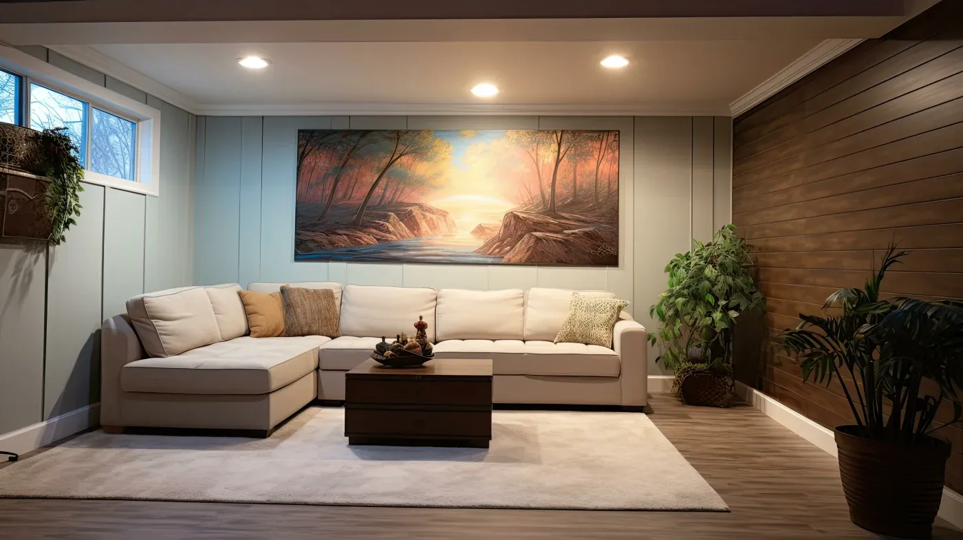 A cozy living room with a beige sectional sofa, wooden coffee table, and lush plants. A serene landscape painting and soft lighting create a warm atmosphere.