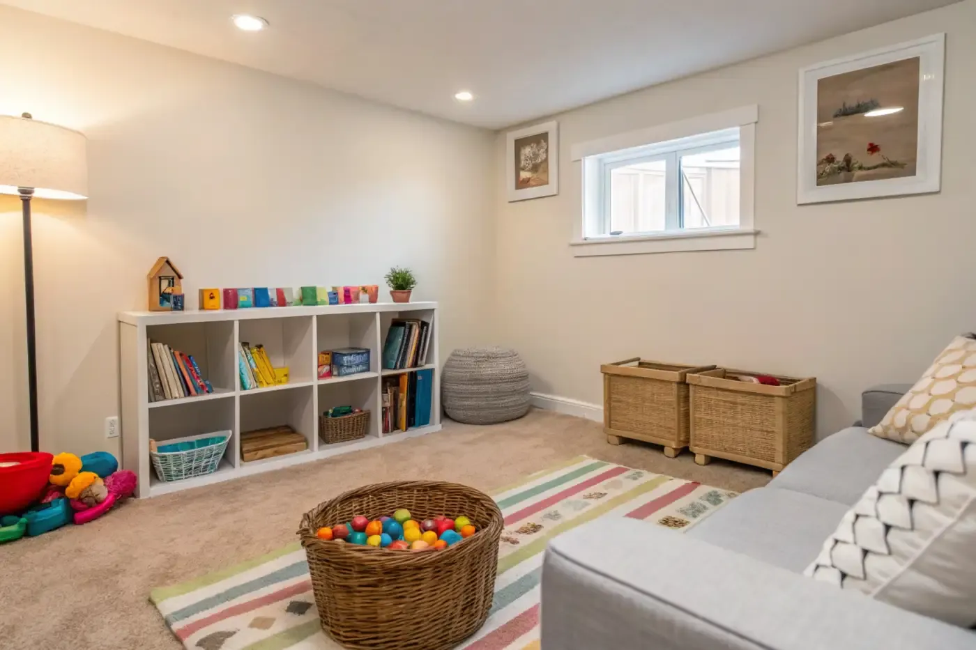 A cozy playroom with soft lighting features a shelf of books, colorful toys, and wicker baskets. A striped rug covers the floor, and there's a plush gray sofa.