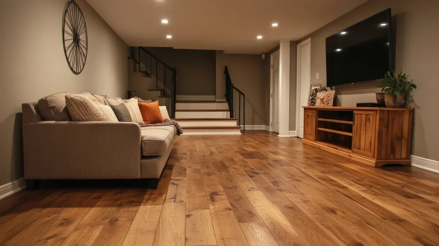 A cozy basement living room with warm wood flooring, a beige sofa adorned with assorted cushions, wall-mounted TV, and wooden cabinet. Stairs lead upward.