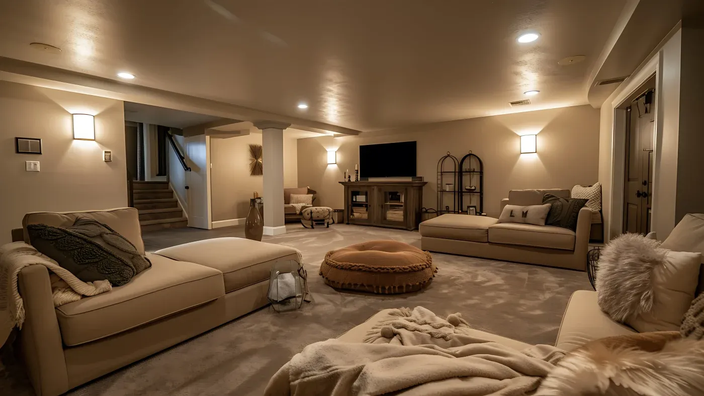 Cozy basement lounge with beige sofas, soft lighting, and a plush ottoman. Neutral tones create a warm, inviting atmosphere. TV on a stand.