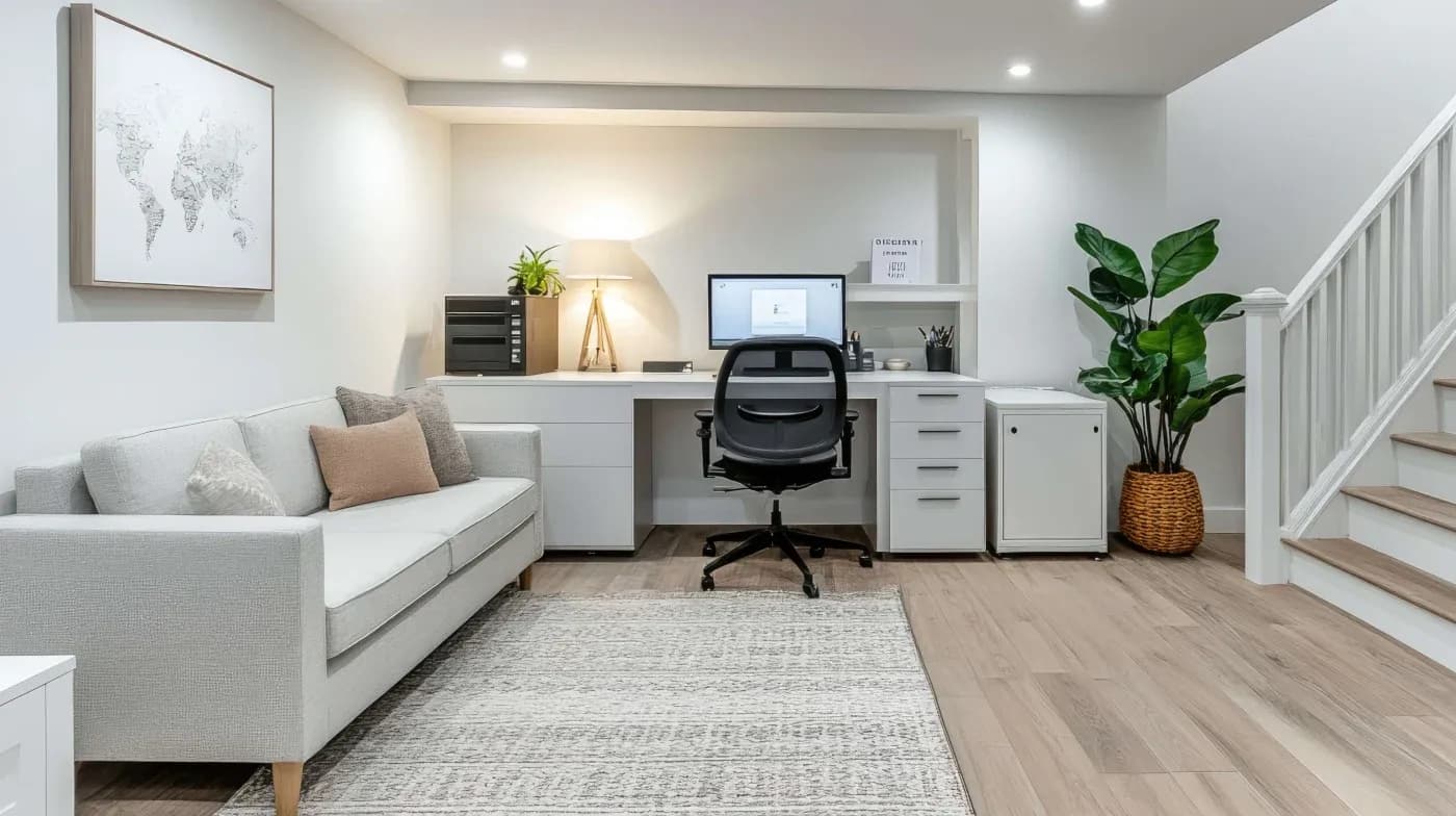 Modern home office with a clean aesthetic. Features a white desk, computer, ergonomic chair, cozy gray sofa, large indoor plant, and soft lighting.