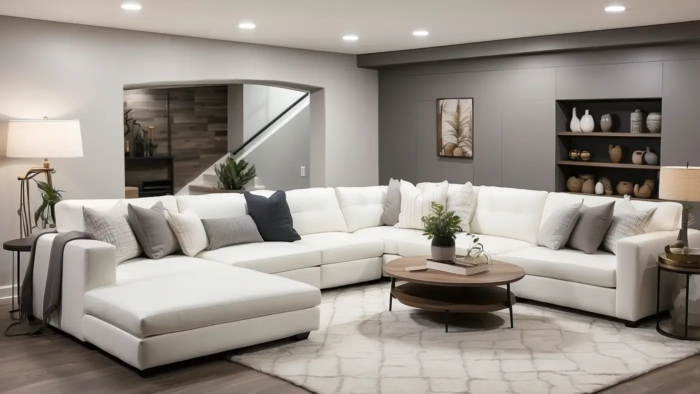 A modern living room with a large white sectional sofa, gray and white pillows, a round wooden coffee table, soft lighting, and decorative shelves. Cozy and inviting.