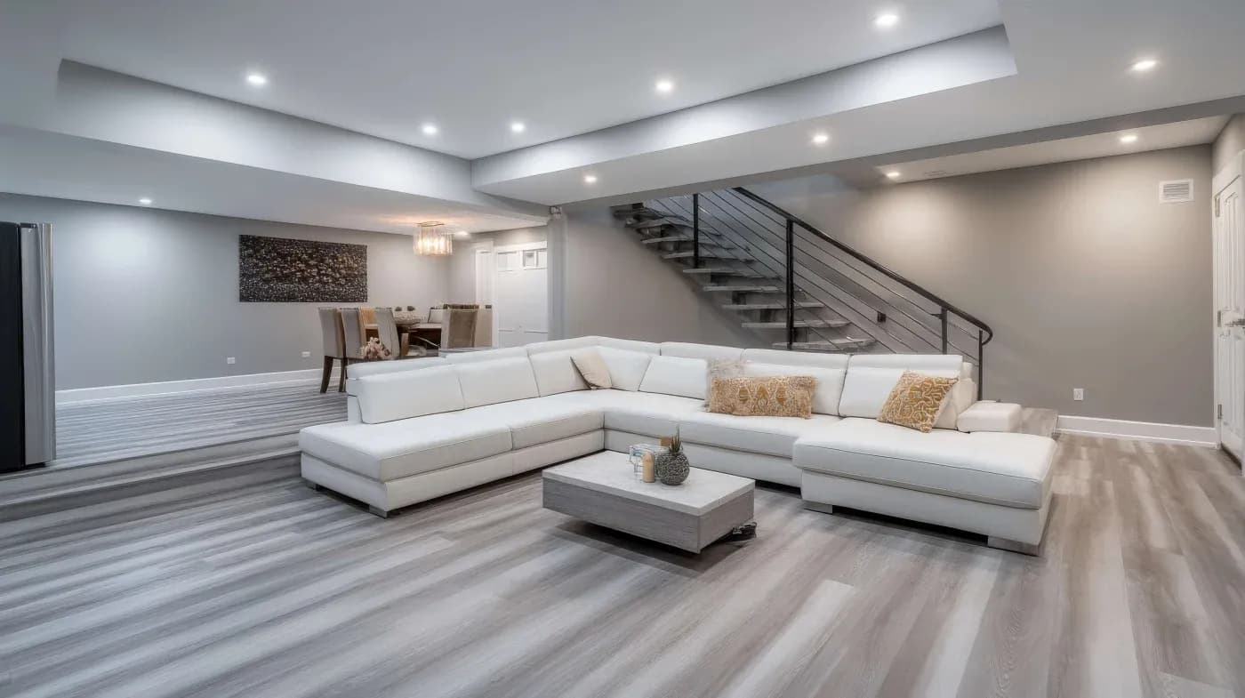 Spacious modern living room with a white sectional sofa, light wood flooring, and a sleek staircase. Warm lighting creates a cozy, inviting atmosphere.
