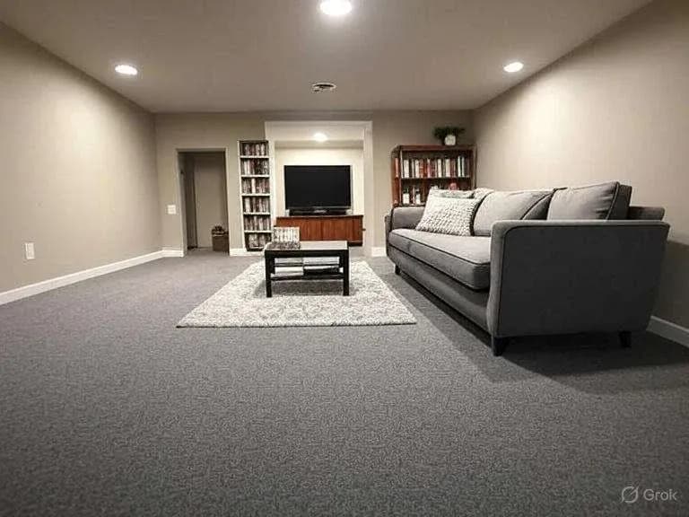 A cozy basement family room with gray carpet, a plush gray sofa, a small coffee table on a rug, bookshelves, and a TV, exuding a calm ambiance.
