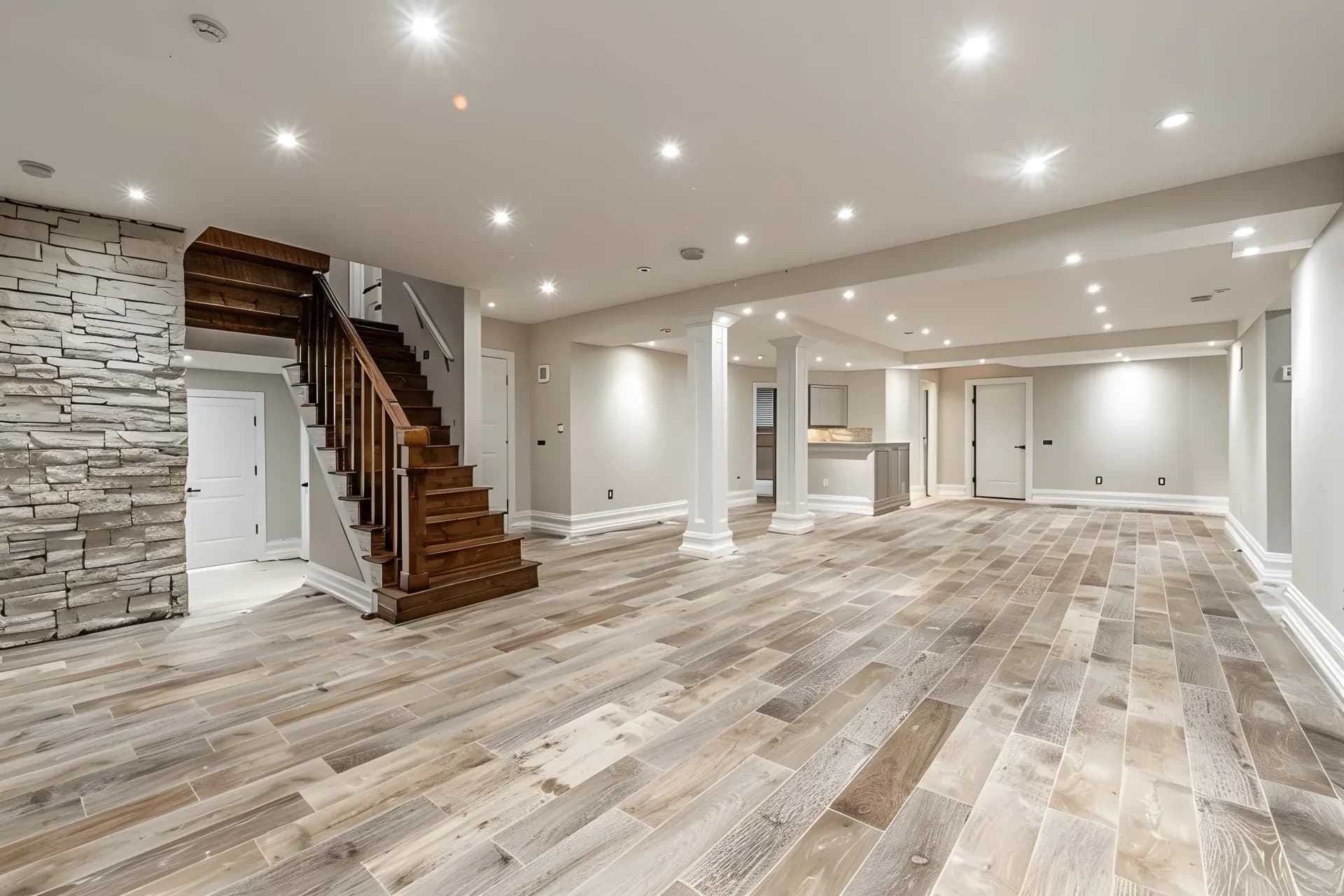 Spacious modern basement with wooden flooring, stone accent wall, and recessed lighting. Features a staircase and a small kitchenette at the back.