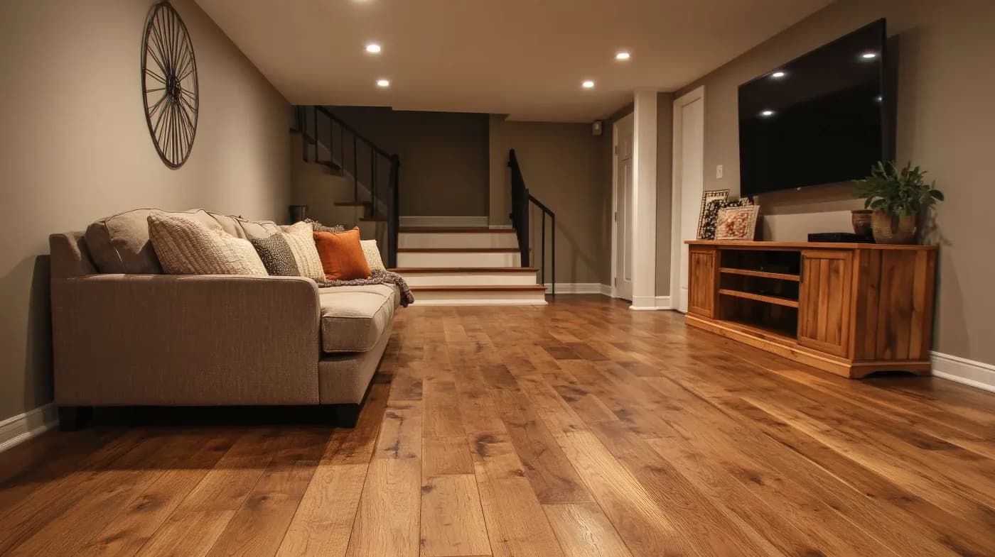 A cozy basement with warm wood flooring, a beige sofa with assorted pillows, stairs in the background, and a TV on a wooden stand. Ambient lighting creates a welcoming atmosphere.