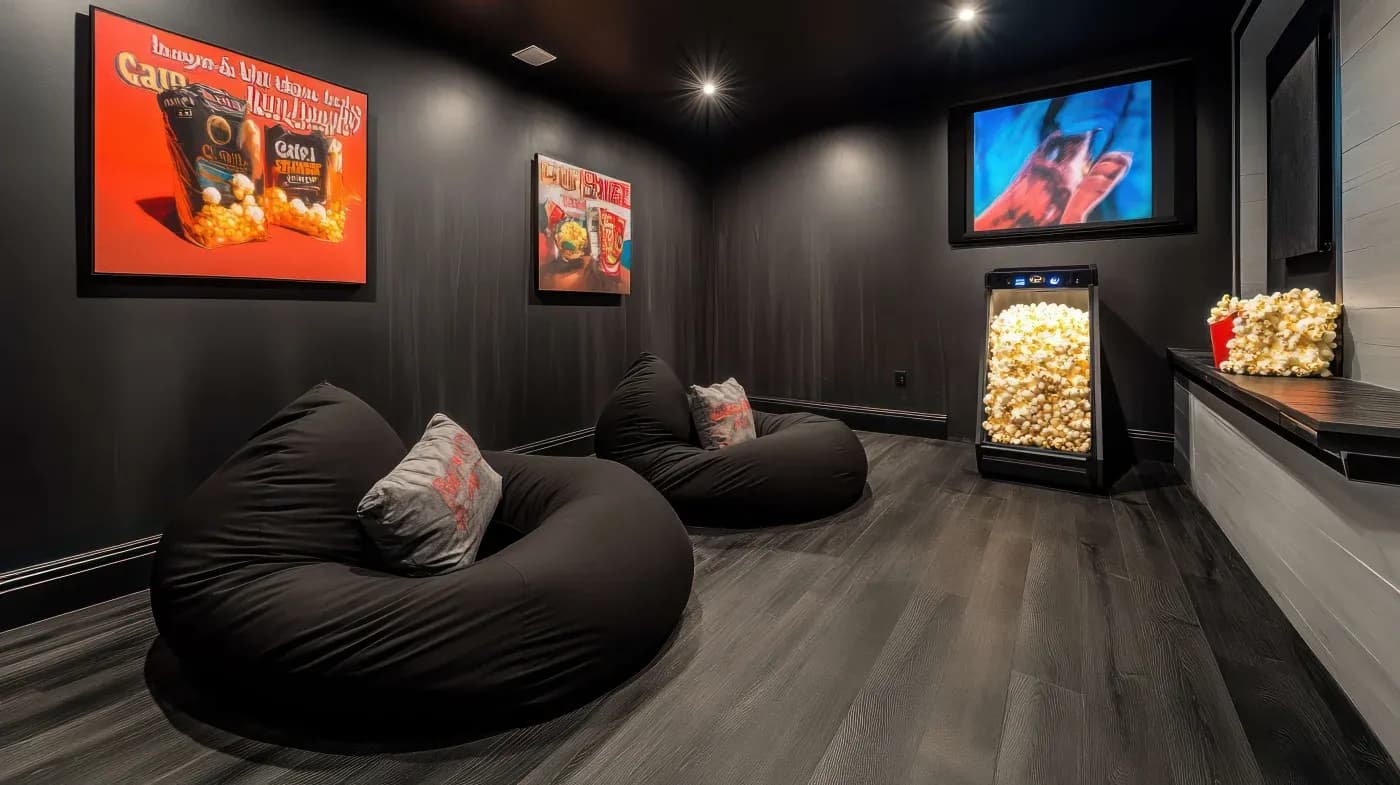 A cozy home theater with two black bean bags, each with a gray pillow. Popcorn machine and art on walls. Dim lighting creates a relaxed atmosphere.