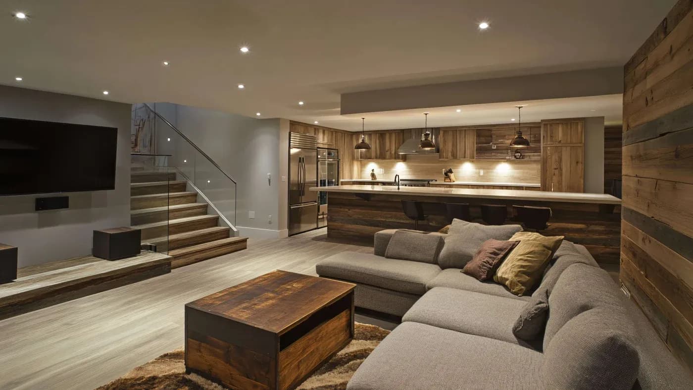 Modern basement living area with dim lighting, a gray sectional sofa, wooden coffee table, and a kitchen with pendant lights, exuding cozy warmth.