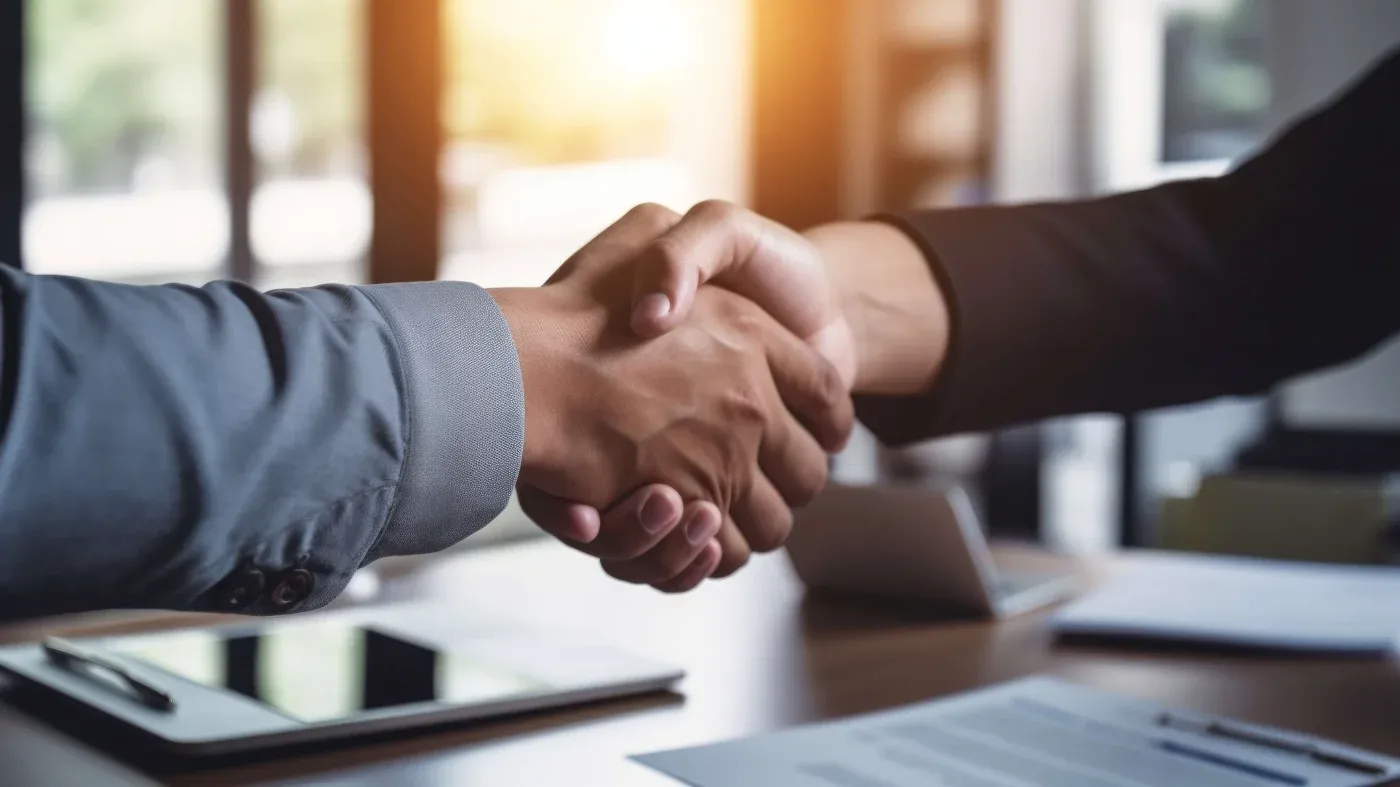 Two people shake hands over a desk with documents and a tablet, bathed in warm sunlight. The scene conveys a sense of agreement and professionalism.