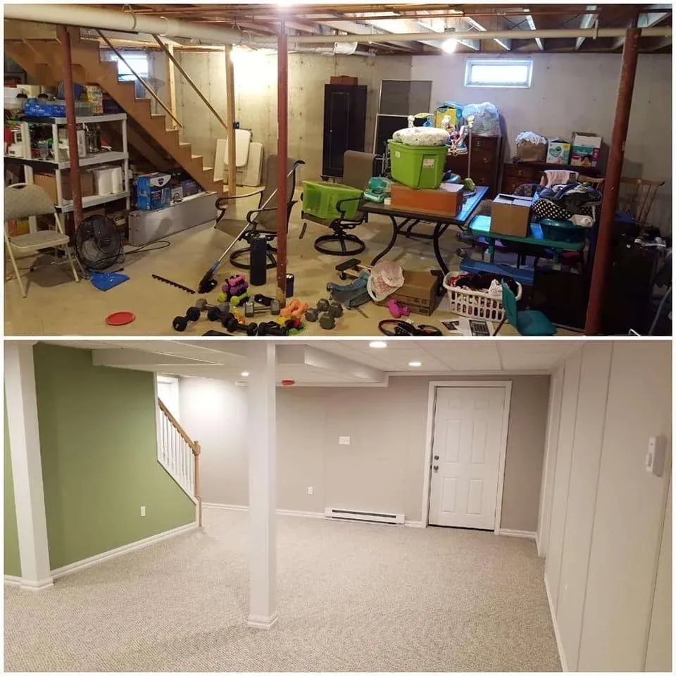 Two-part image showing a basement transformation. Top: cluttered, unfinished space with exposed beams and various items. Bottom: clean, finished basement with carpet, painted walls, and bright lighting.