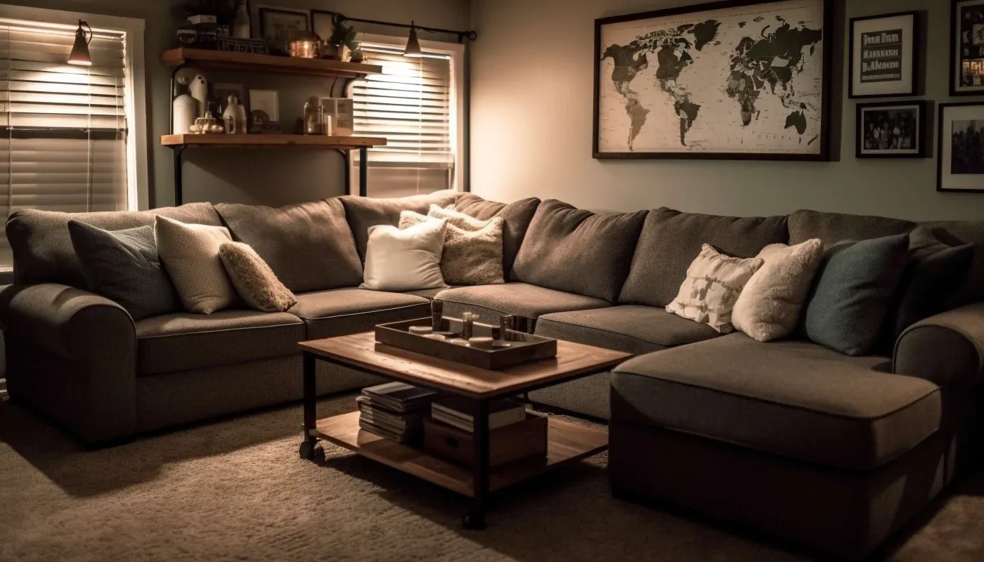 Cozy living room with a large gray sectional sofa, plush cushions, and a wooden coffee table. Warm lighting, wall art, and shelves create a welcoming ambiance.