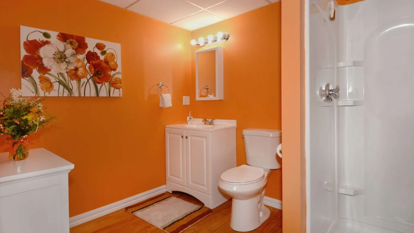 A brightly lit bathroom with orange walls features a white vanity and toilet. A floral painting hangs above, adding a warm, vibrant touch.