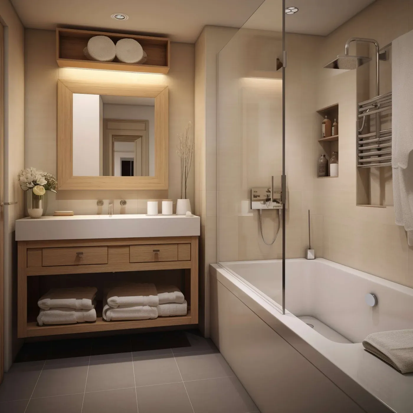 A modern bathroom with a wooden vanity, a large mirror, neatly folded towels, and a bathtub with a glass partition. Soft lighting creates a calm ambiance.