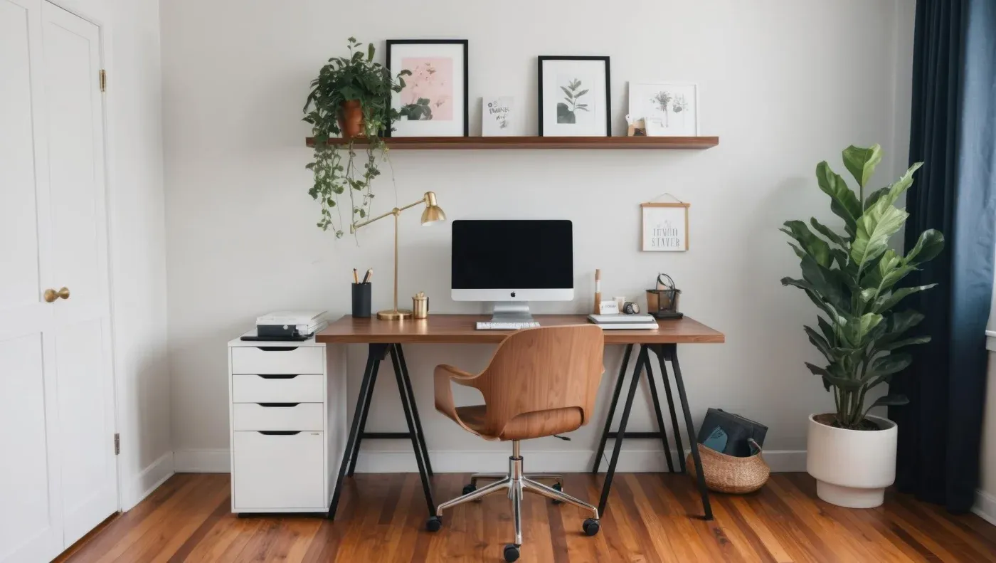 Stylish home office with a wooden desk, modern chair, computer, and decor. A shelf with plants and framed art enhances the calm, organized space.