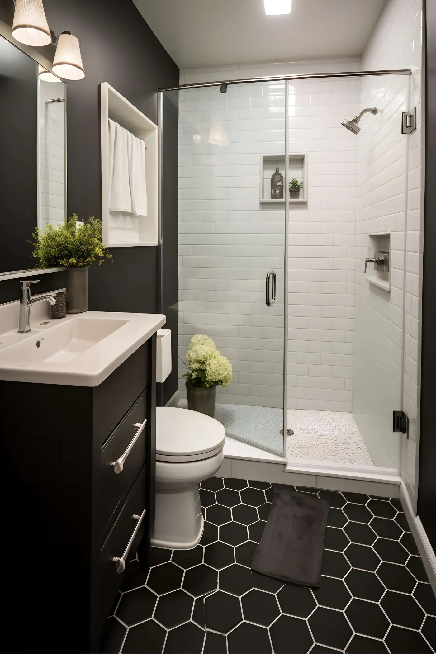 Modern bathroom with dark hexagonal floor tiles, white subway-tiled shower, glass door, dark vanity with sink, toilet, and bright lighting.