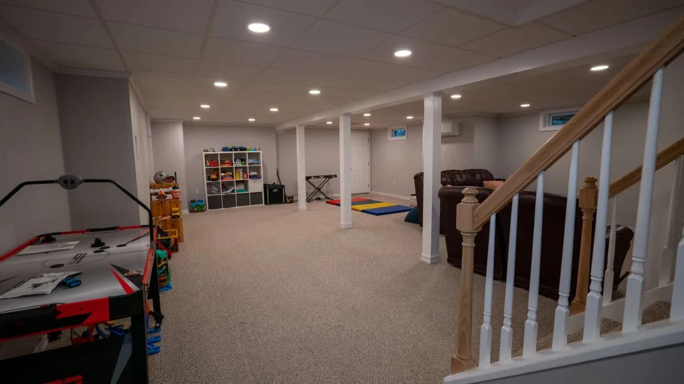 A spacious, well-lit basement recreation room featuring carpeted floors, a stairway, children's toys, a sofa, and a storage shelf, creating a cozy play area.