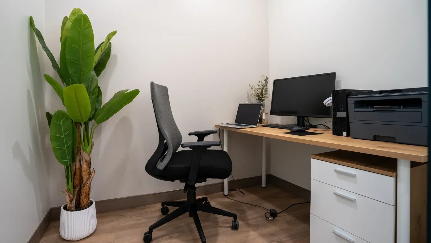 A minimalist home office featuring a wooden desk with a monitor, laptop, and printer. An ergonomic chair and a tall, green plant add comfort and freshness.