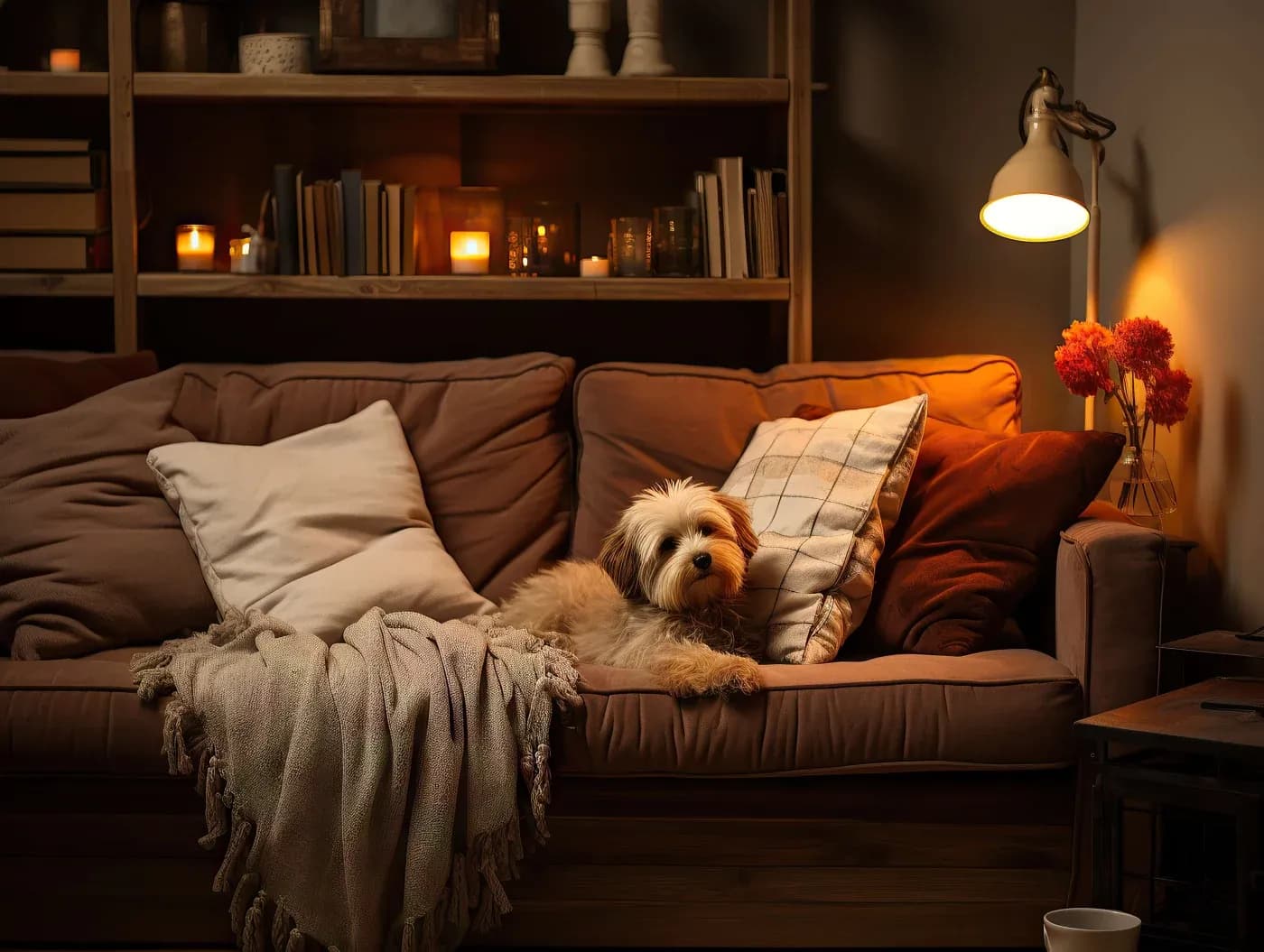 Cozy living room with a fluffy dog lying on a plush sofa, surrounded by cushions and a soft throw blanket. Warm lighting from candles and a lamp creates a serene atmosphere.