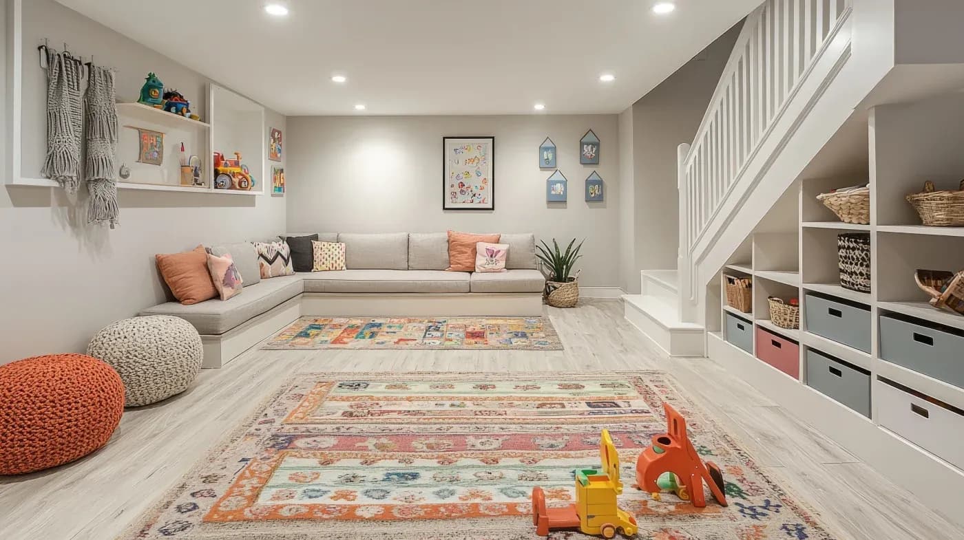 A cozy playroom with soft lighting features a corner sofa with colorful cushions, vibrant rugs, and stacked toys. Shelves under a staircase hold baskets.