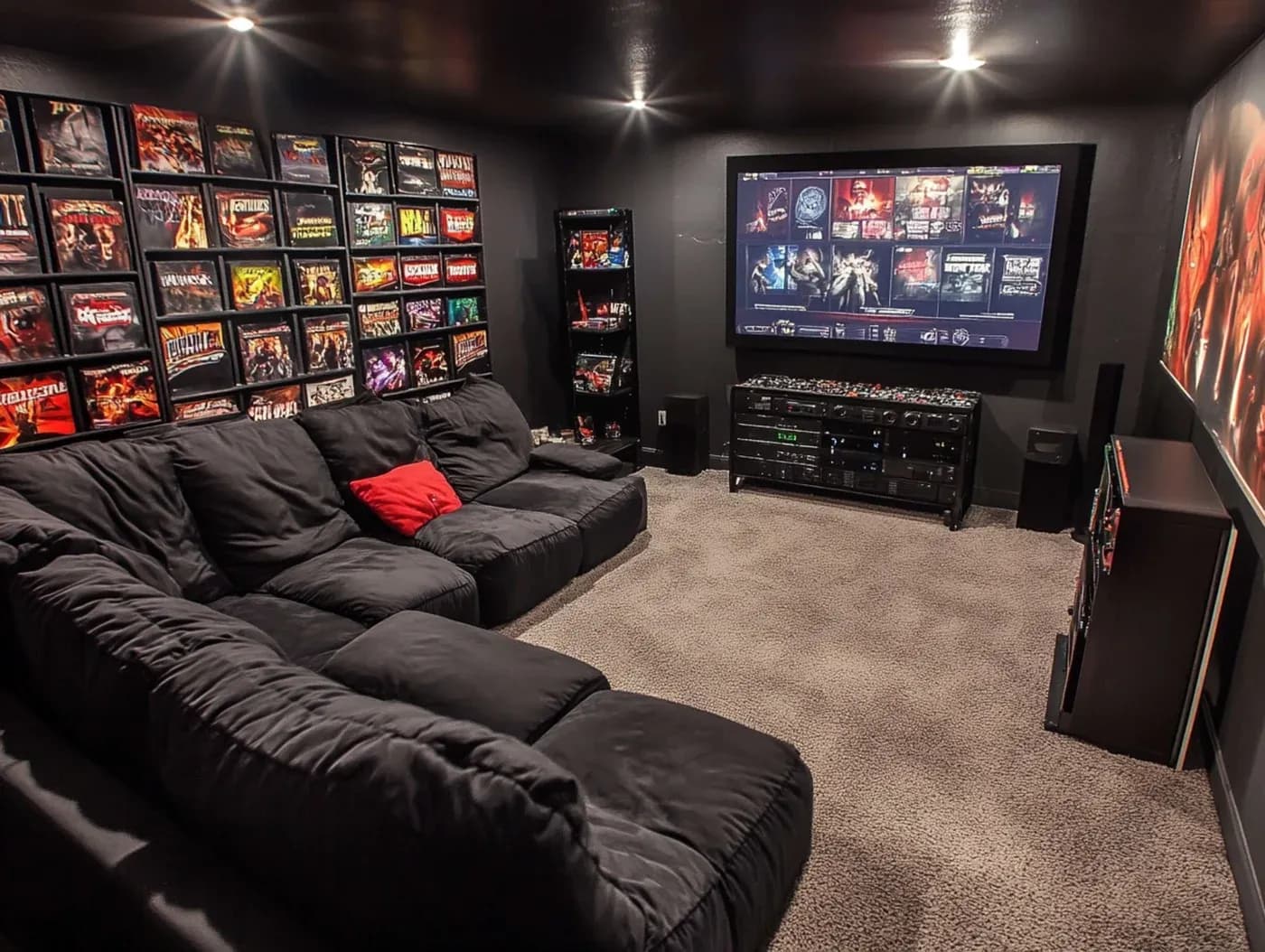 Cozy home theater with a large screen displaying video games. Walls adorned with game posters. Plush black couches with a red cushion add comfort.
