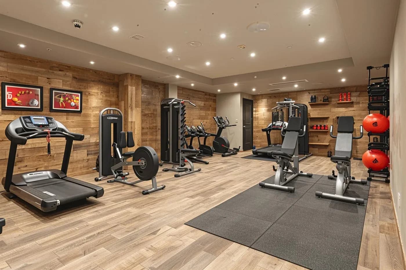 Modern home gym with wooden walls, featuring a treadmill, rowing machine, and weights. Red exercise balls add a vibrant touch. Cozy ambiance.