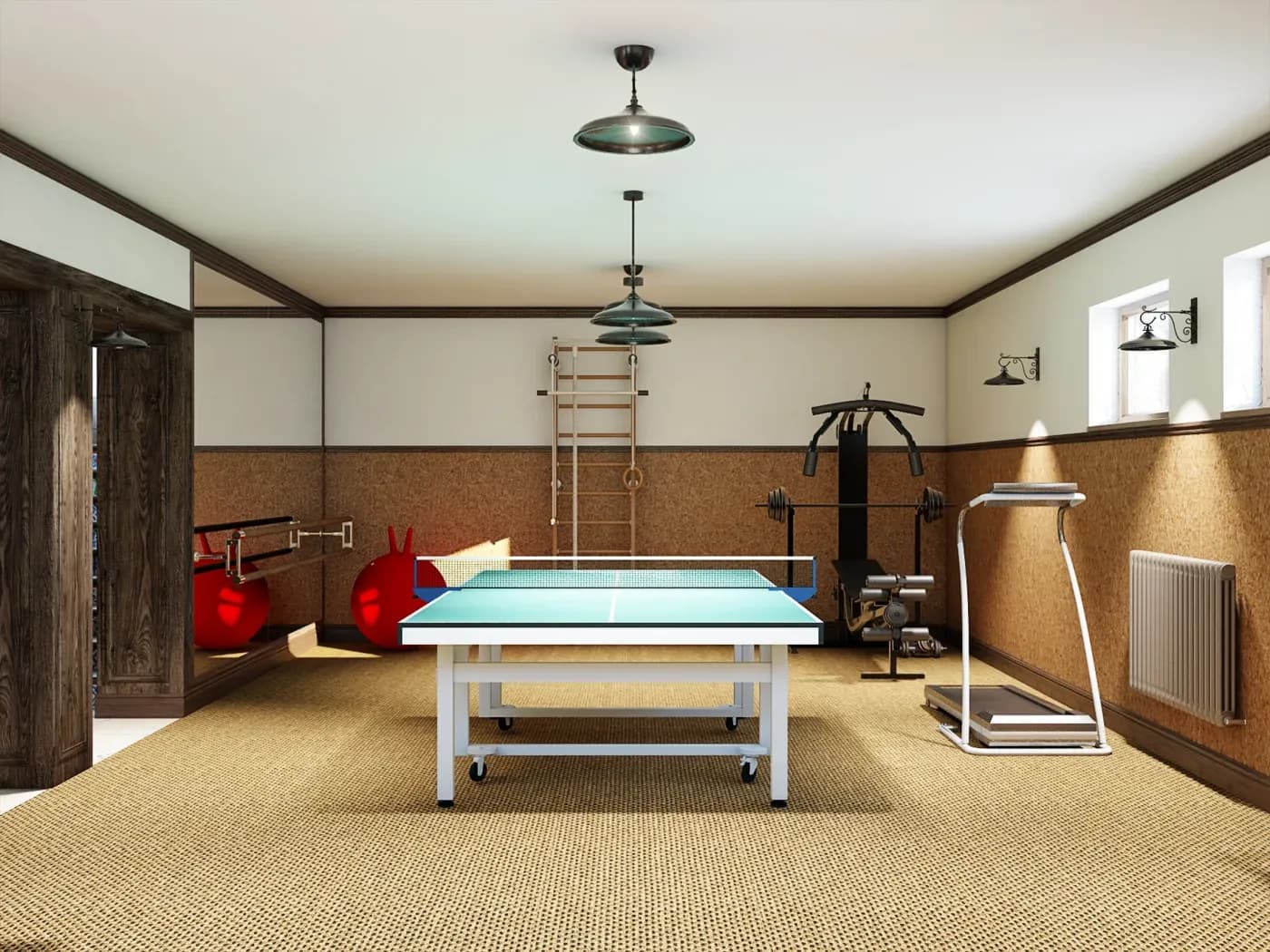 Stylish home gym with a ping pong table in the center, surrounded by exercise equipment like a treadmill and red stability balls, lit warmly.
