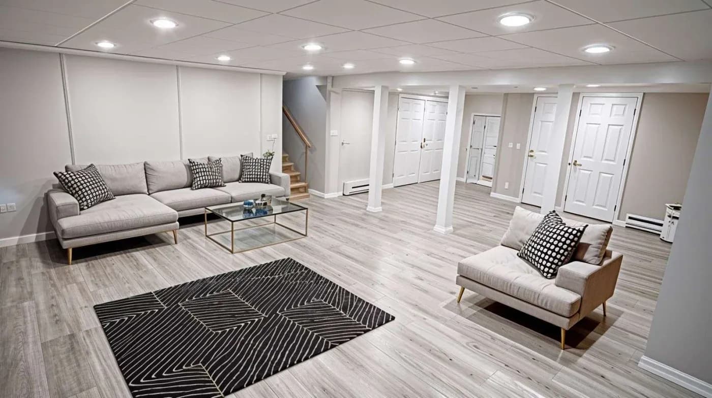Modern basement living room with light gray laminate flooring and recessed lighting. Features a neutral sofa, armchair, geometric rug, and glass coffee table for a sleek, cozy atmosphere.
