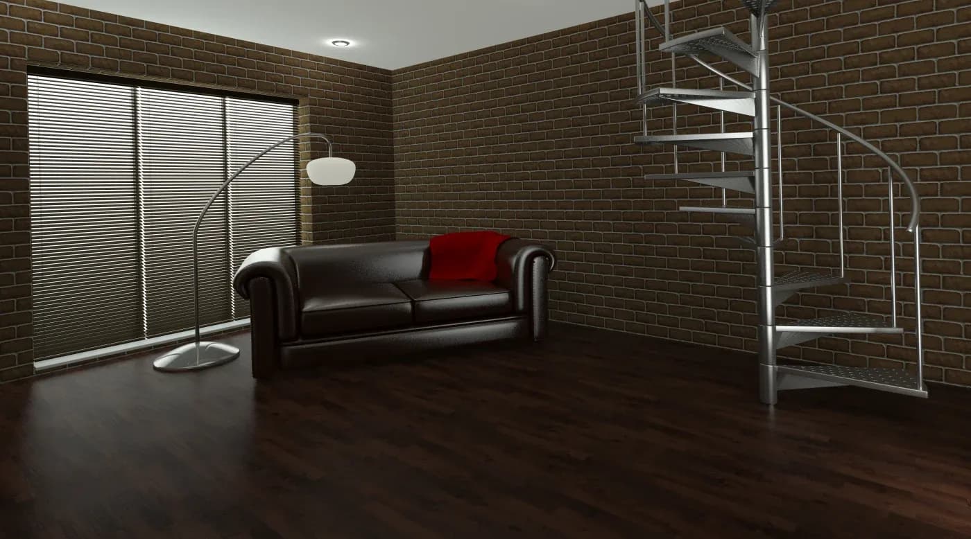 A modern room with dark wooden floors, brown brick walls, a leather sofa with a red throw, a floor lamp, and a metal spiral staircase. Cozy and contemporary.